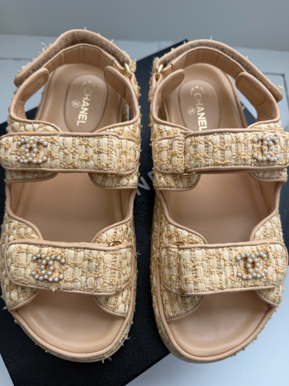 CHANEL Raffia Pearl Dad Sandals 37 Beige 21C CC Logo Velcro - Picture 6 of 16